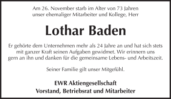 Traueranzeige von Lothar Baden von  Wormser Zeitung