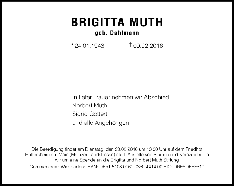  Traueranzeige für Brigitta Muth vom 17.02.2016 aus  Wiesbaden komplett