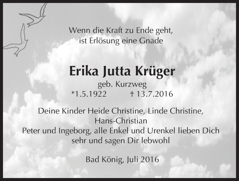  Traueranzeige für Erika Jutta Krüger vom 20.07.2016 aus Trauerportal Echo Online