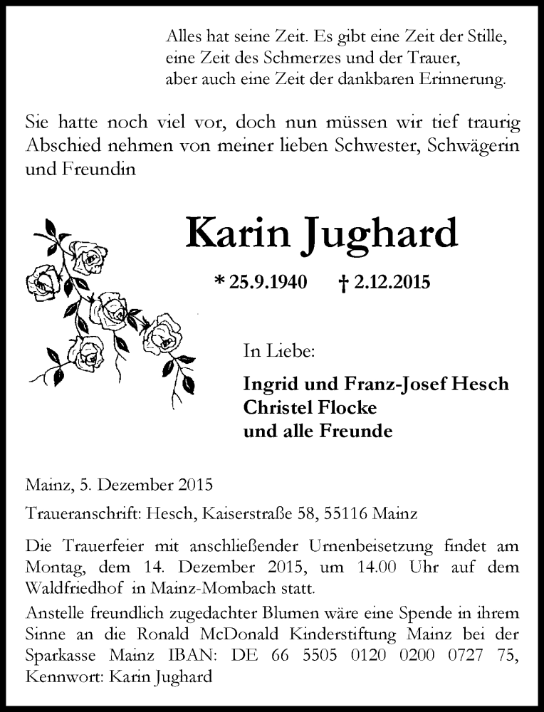  Traueranzeige für Karin Jughard vom 05.12.2015 aus  Allgemeine Zeitung Mainz