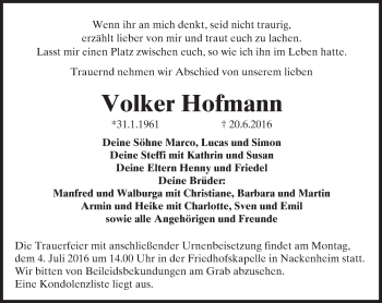 Traueranzeige von Volker Hofmann von Trauerportal Rhein Main Presse