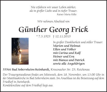 Traueranzeige von Günther Georg Frick von  Allg. Zeitung Bad Kreuznach