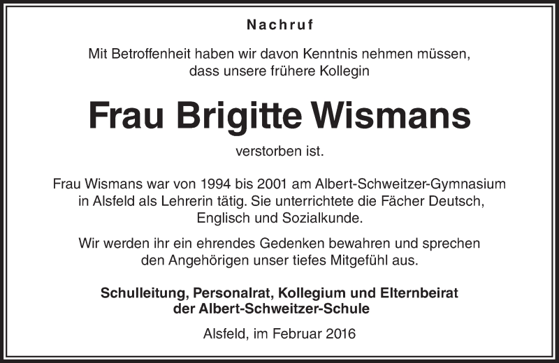  Traueranzeige für Brigitte Wismans vom 17.02.2016 aus  Oberhessische Zeitung