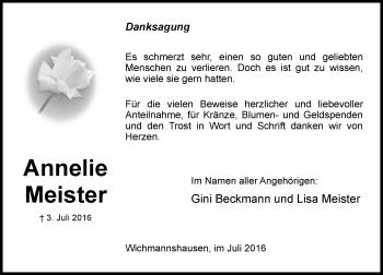 Traueranzeige von Annelie Meister von Trauerportal Echo Online
