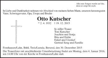 Traueranzeige von Otto Kutscher von  Gießener Anzeiger