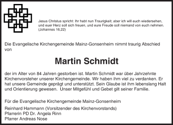 Traueranzeige von Martin Schmidt von  Allgemeine Zeitung Mainz