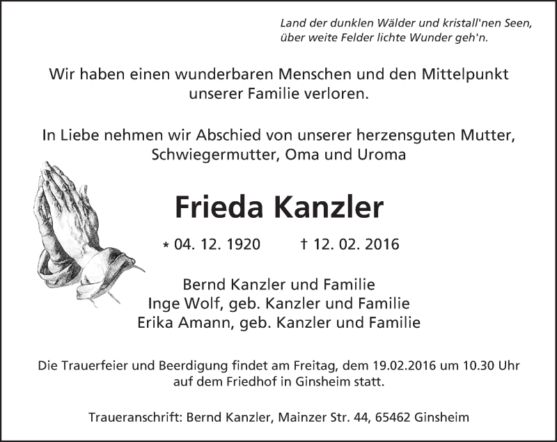  Traueranzeige für Frieda Kanzler vom 17.02.2016 aus  Allgemeine Zeitung Mainz