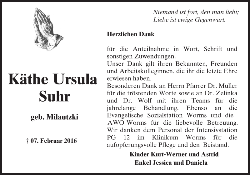  Traueranzeige für Käthe Ursula Suhr vom 04.04.2016 aus  Wormser Zeitung