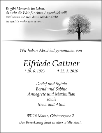 Traueranzeige von Elfriede Gattner von  Allgemeine Zeitung Mainz