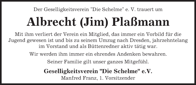  Traueranzeige für Albrecht Plaßmann vom 10.02.2016 aus  GT am Sonntag