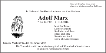 Traueranzeige von Adolf Marx von  Kreisanzeiger