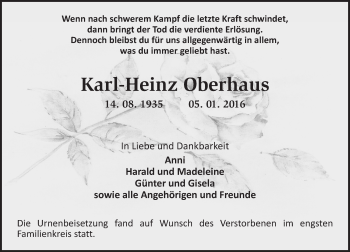 Traueranzeige von Karl-Heinz Oberhaus von  Landskrone