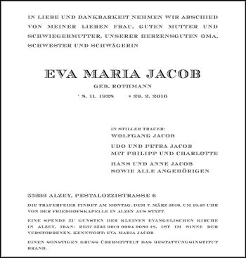 Traueranzeige von Eva Maria Jacob von  Allgemeine Zeitung Alzey