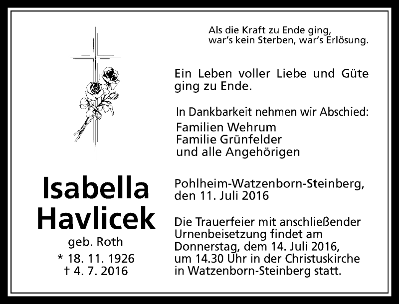  Traueranzeige für Isabella Havlicek vom 11.07.2016 aus  Gießener Anzeiger