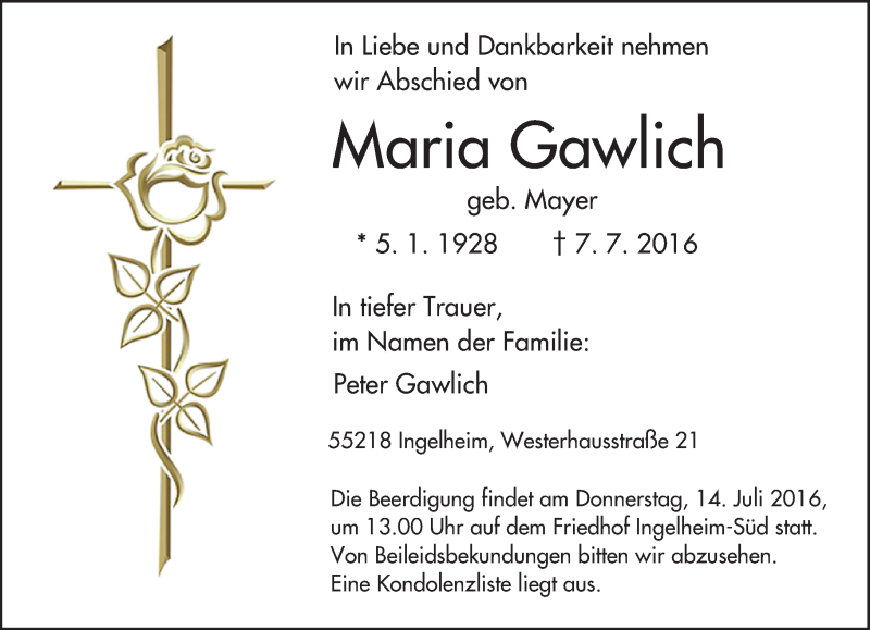  Traueranzeige für Maria Gawlich vom 13.07.2016 aus Trauerportal Rhein Main Presse
