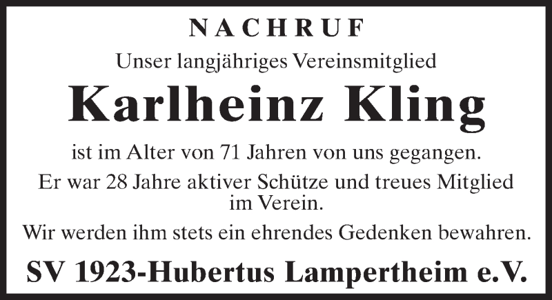  Traueranzeige für Karlheinz Kling vom 02.12.2015 aus  Bürstädter Zeitung