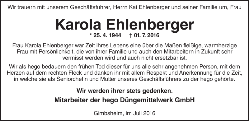  Traueranzeige für Karola Ehlenberger vom 05.07.2016 aus Trauerportal Rhein Main Presse