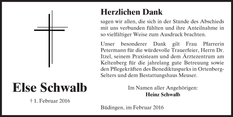  Traueranzeige für Else Schwalb vom 20.02.2016 aus  Sonntags Anzeiger