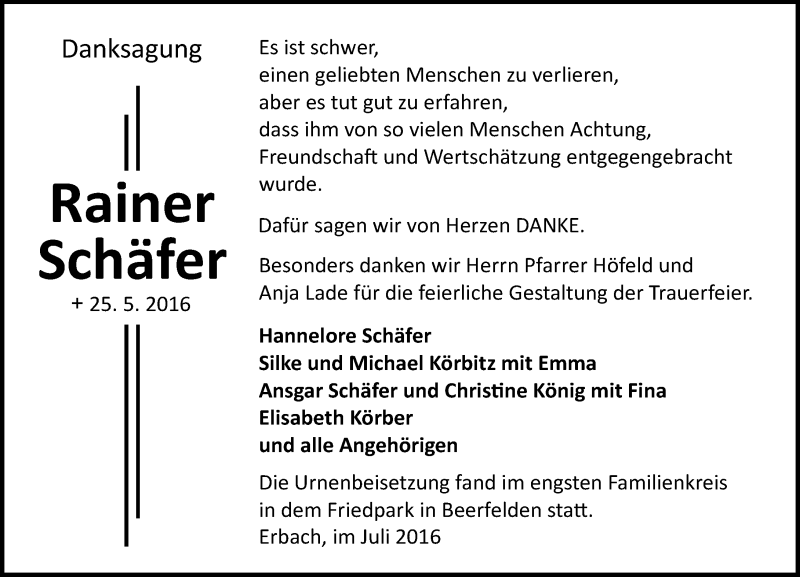  Traueranzeige für Rainer Schäfer vom 09.07.2016 aus Trauerportal Echo Online