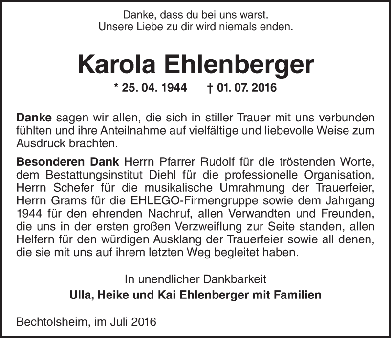  Traueranzeige für Karola Ehlenberger vom 30.07.2016 aus Trauerportal Rhein Main Presse