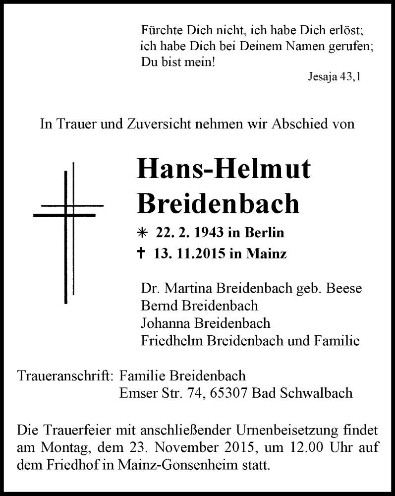  Traueranzeige für Hans-Helmut Breidenbach vom 21.11.2015 aus  Allgemeine Zeitung Mainz