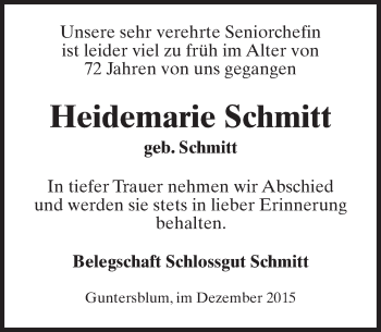 Traueranzeige von Heidemarie Schmitt von  Landskrone