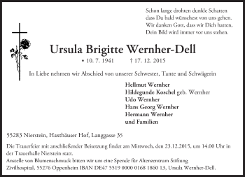 Traueranzeige von Ursula Brigitte Wernher-Dell von  Landskrone