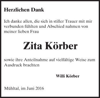 Traueranzeige von Zita Körber von Trauerportal Echo Online