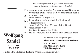 Traueranzeige von Wolfgang Sandel von  Allgemeine Zeitung Mainz