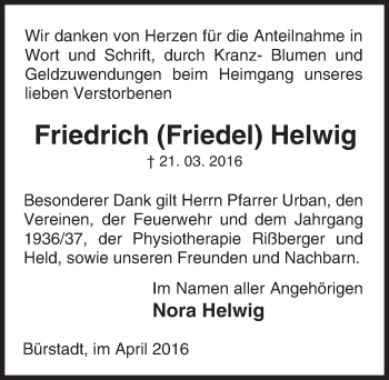 Traueranzeige von Friedrich Helwig von  Bürstädter Zeitung