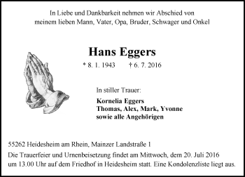 Traueranzeige von Hans Eggers von Trauerportal Rhein Main Presse