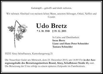 Traueranzeige von Udo Bretz von  Allgemeine Zeitung Alzey