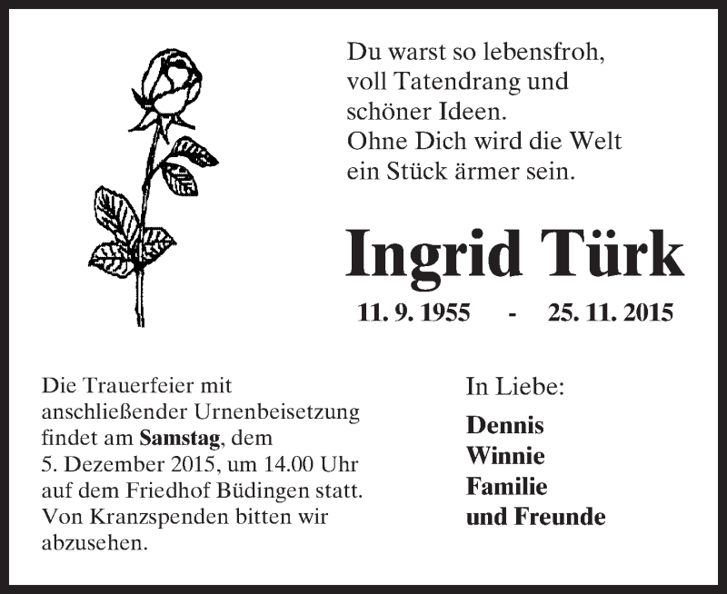  Traueranzeige für Ingrid Türk vom 03.12.2015 aus  Kreisanzeiger