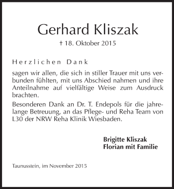 Traueranzeige von Gerhard Kliszak von  Wiesbaden komplett