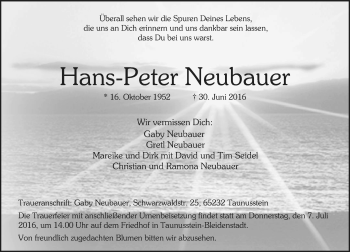 Traueranzeige von Hans-Peter Neubauer von Trauerportal Rhein Main Presse