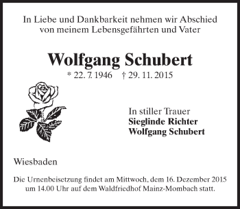 Traueranzeige von Wolfgang Schubert von  Wiesbaden komplett