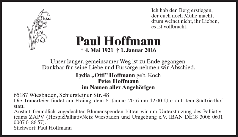  Traueranzeige für Paul Hoffmann vom 06.01.2016 aus  Wiesbaden komplett