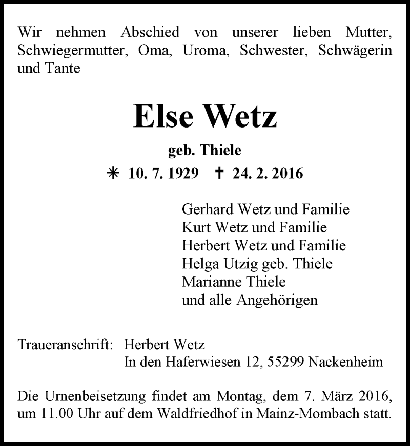  Traueranzeige für Else Wetz vom 27.02.2016 aus  Allgemeine Zeitung Mainz