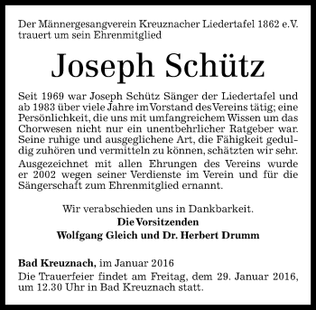 Traueranzeige von Joseph Schütz von trauer.rmp.de