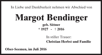 Traueranzeige von Margot Bendinger von  Kreisanzeiger