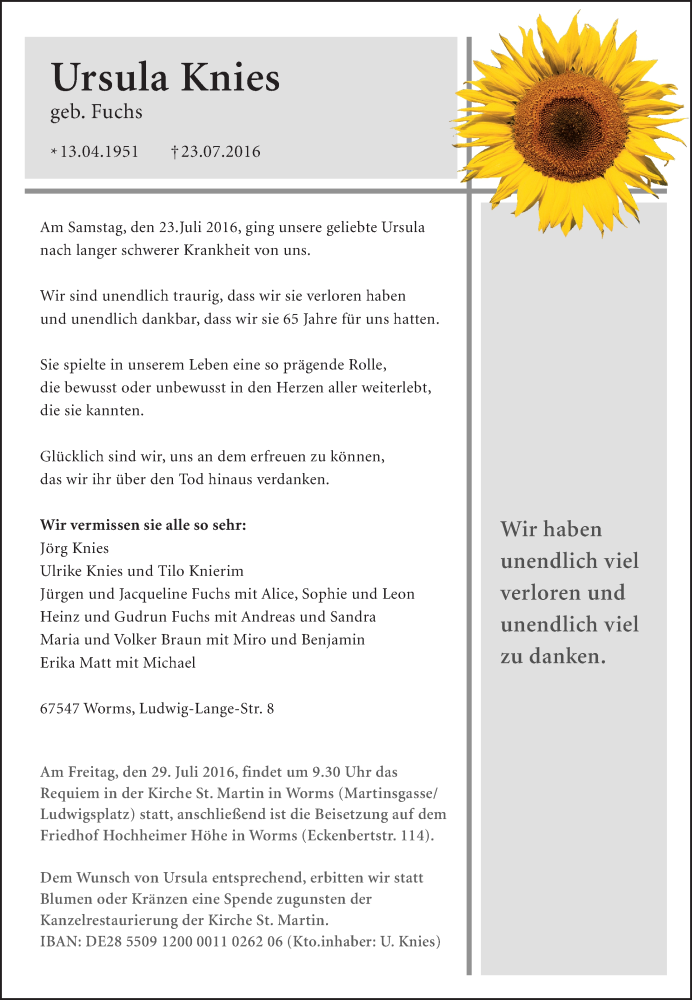  Traueranzeige für Ursula Knies vom 27.07.2016 aus Trauerportal Rhein Main Presse