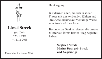 Traueranzeige von Liesel Streck von  Allgemeine Zeitung Mainz
