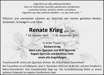 Traueranzeige von Renate Krieg von  Allgemeine Zeitung Mainz