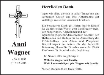 Traueranzeige von Anni Wagner von  Sonntags Anzeiger