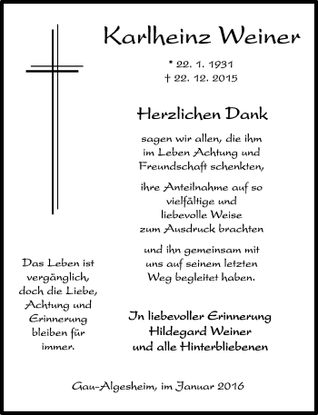 Traueranzeige von Karlheinz Weiner von  Allgemeine  Zeitung Ingelheim-Bingen