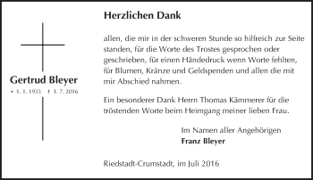 Traueranzeige von Gertrud Bleyer von Trauerportal Echo Online