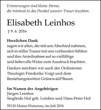 Traueranzeige von Elisabeth Leinhos von Trauerportal Rhein Main Presse
