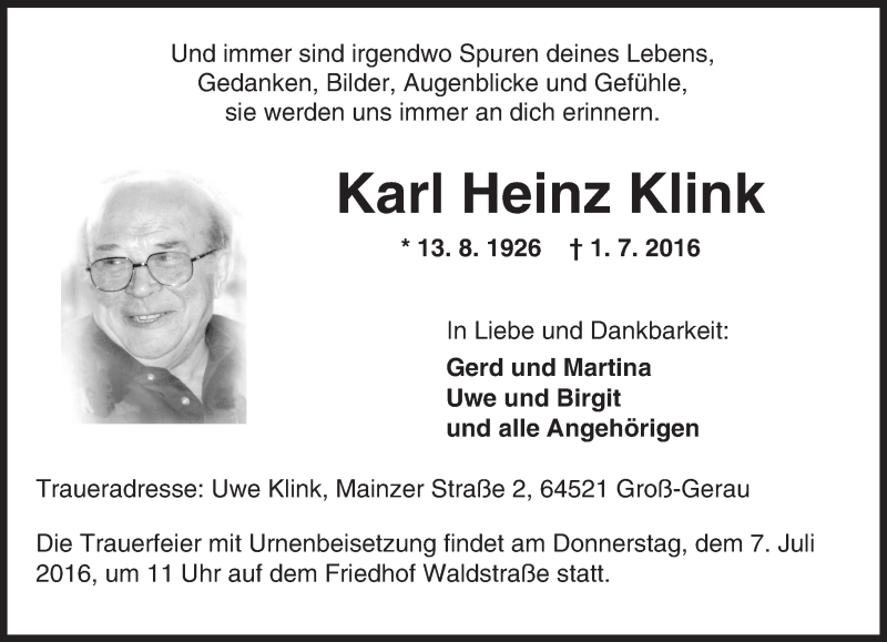  Traueranzeige für Karl Heinz Klink vom 05.07.2016 aus Trauerportal Echo Online