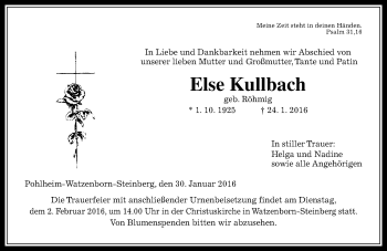 Traueranzeige von Else Kullbach von  Gießener Anzeiger