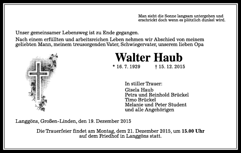  Traueranzeige für Walter Haub vom 19.12.2015 aus  Gießener Anzeiger
